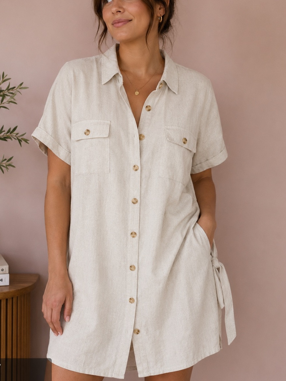 Blu Pepper Cream Button-Front Shirt Dress with Side Tie